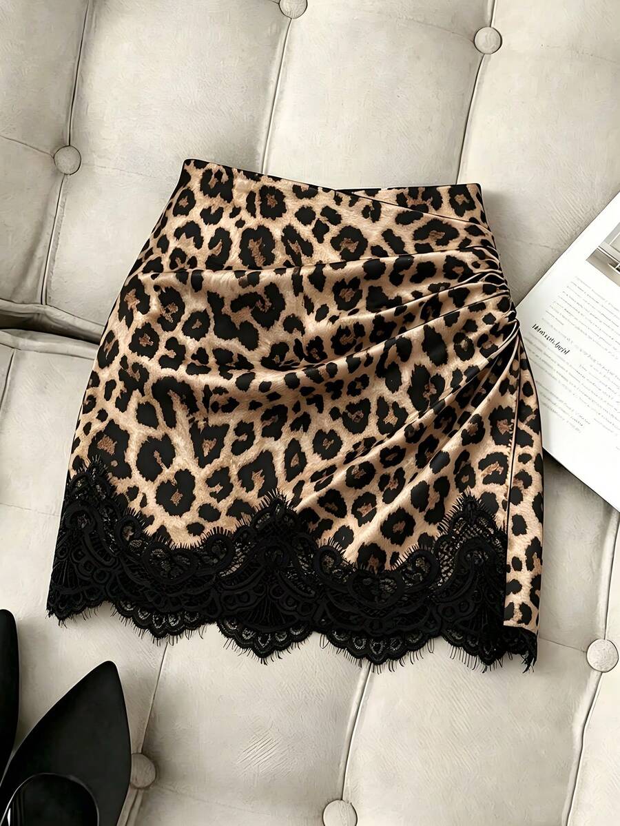 Women's brown leopard print bodycon mini skirt featuring black contrast lace trim around the hemline.