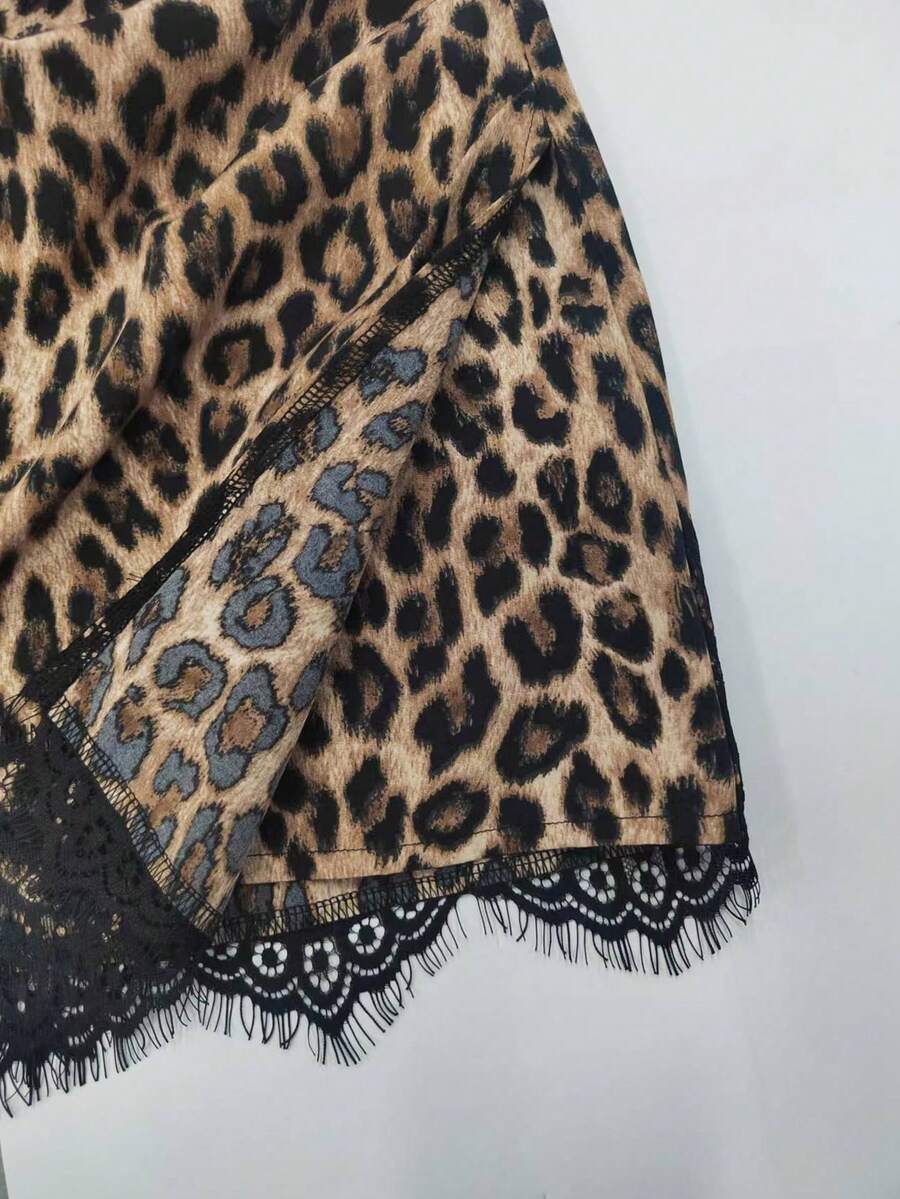 Women's brown leopard print bodycon mini skirt featuring black contrast lace trim around the hemline.