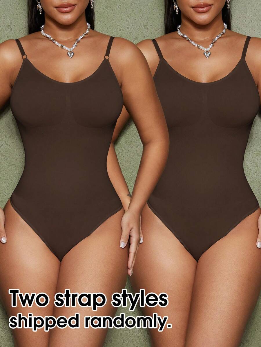 Brown seamless backless shaping bodysuit for women featuring a thong bottom and non-removable padding.