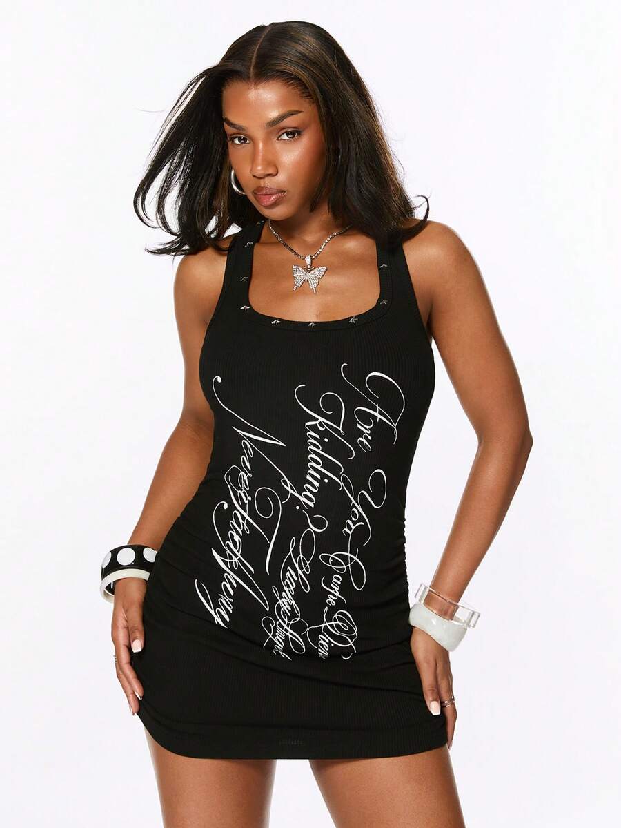 Army green short sleeve ruched bodycon mini dress for women featuring a scoop neckline and slim fit pencil hem.