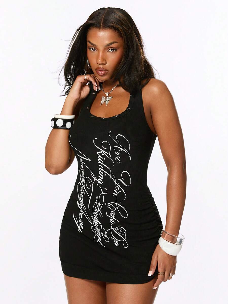 Army green short sleeve ruched bodycon mini dress for women featuring a scoop neckline and slim fit pencil hem.