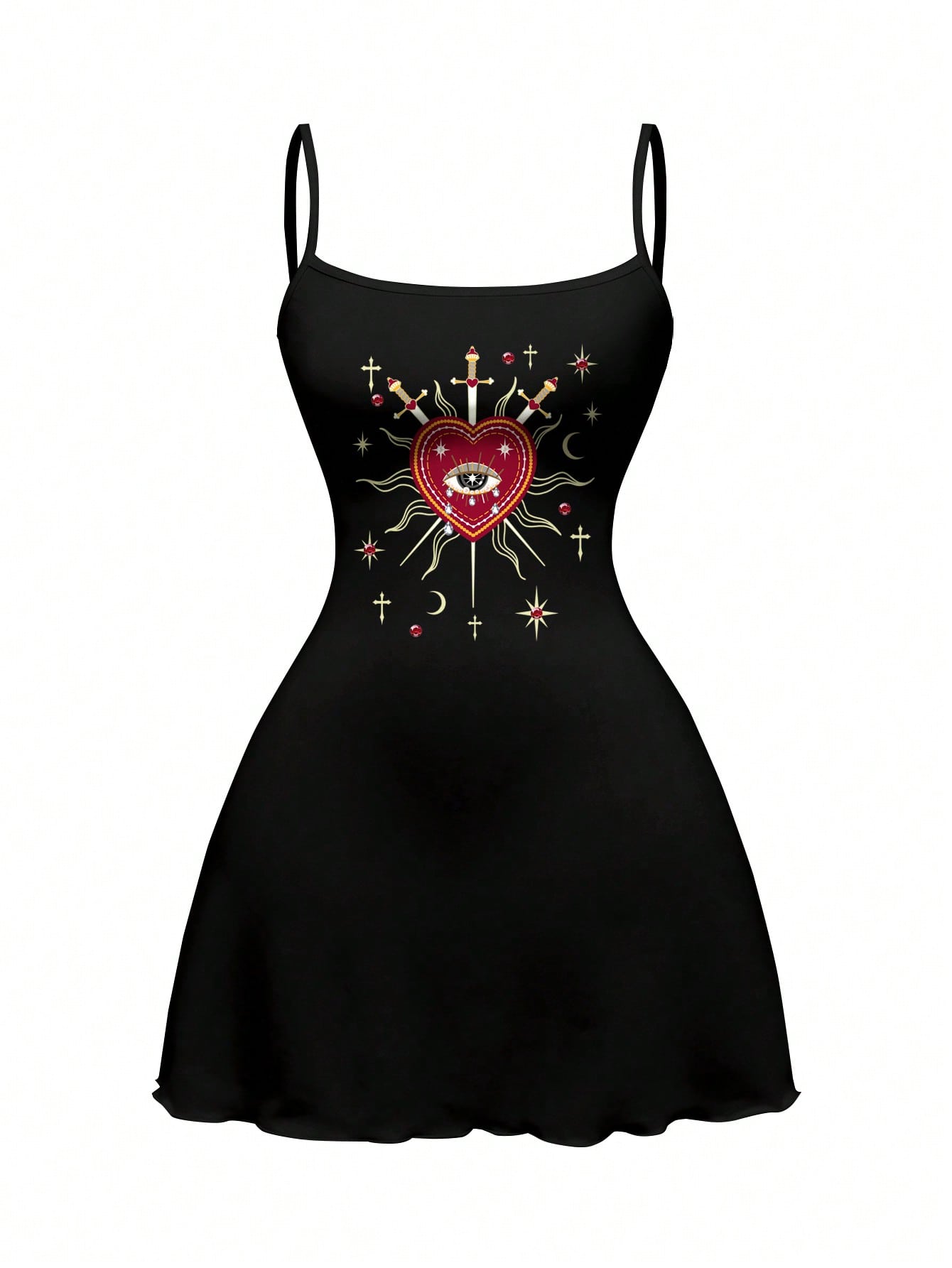 Beige graphic cami mini dress for women featuring a backless slim fit design, high waist flared hem, lettuce trim, spaghetti straps, and arm sleeves.