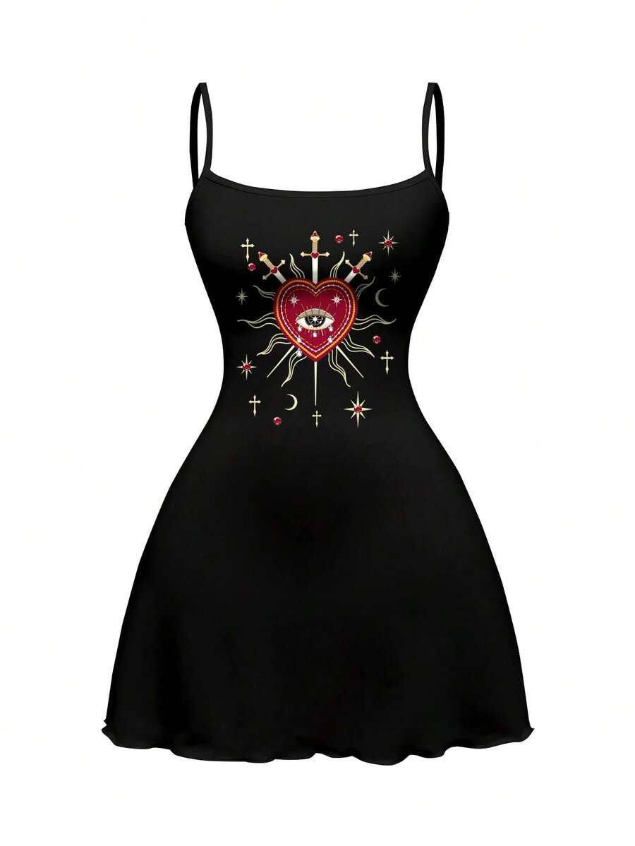 Beige graphic cami mini dress for women featuring a backless slim fit design, high waist flared hem, lettuce trim, spaghetti straps, and arm sleeves.