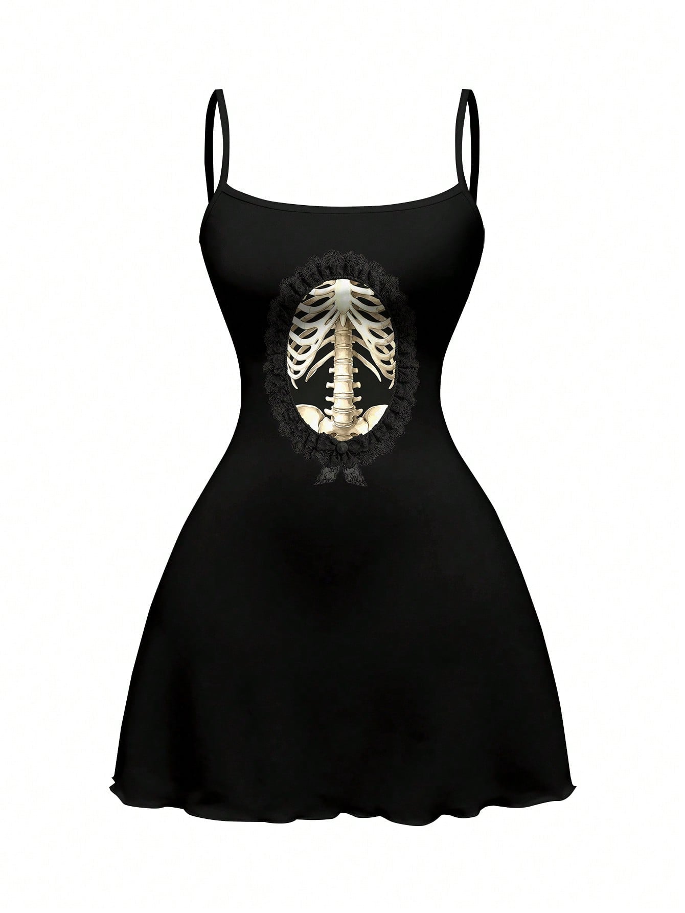 Beige graphic cami mini dress for women featuring a backless slim fit design, high waist flared hem, lettuce trim, spaghetti straps, and arm sleeves.