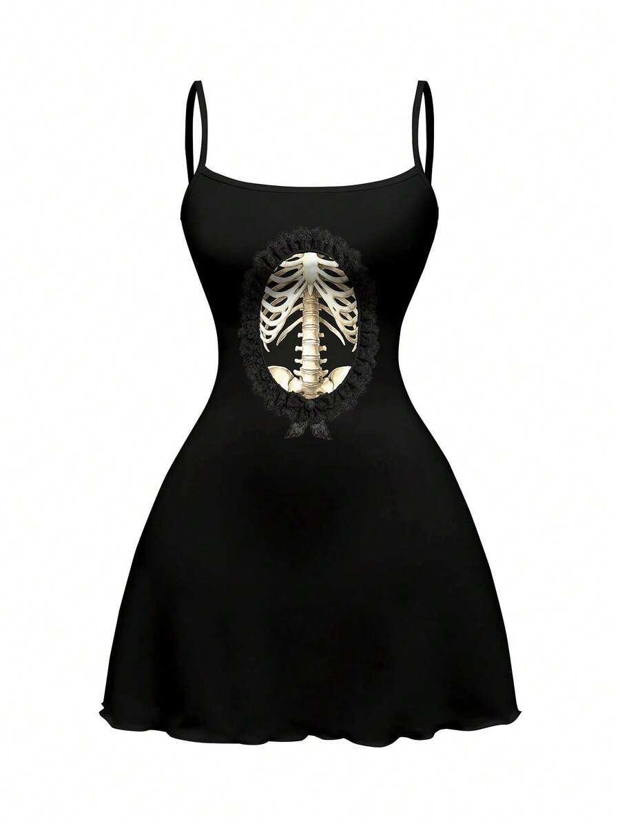 Beige graphic cami mini dress for women featuring a backless slim fit design, high waist flared hem, lettuce trim, spaghetti straps, and arm sleeves.