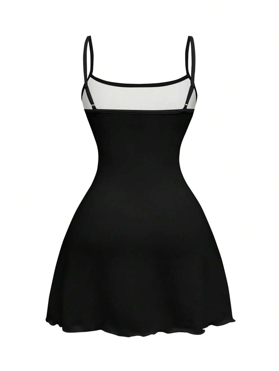 Beige graphic cami mini dress for women featuring a backless slim fit design, high waist flared hem, lettuce trim, spaghetti straps, and arm sleeves.