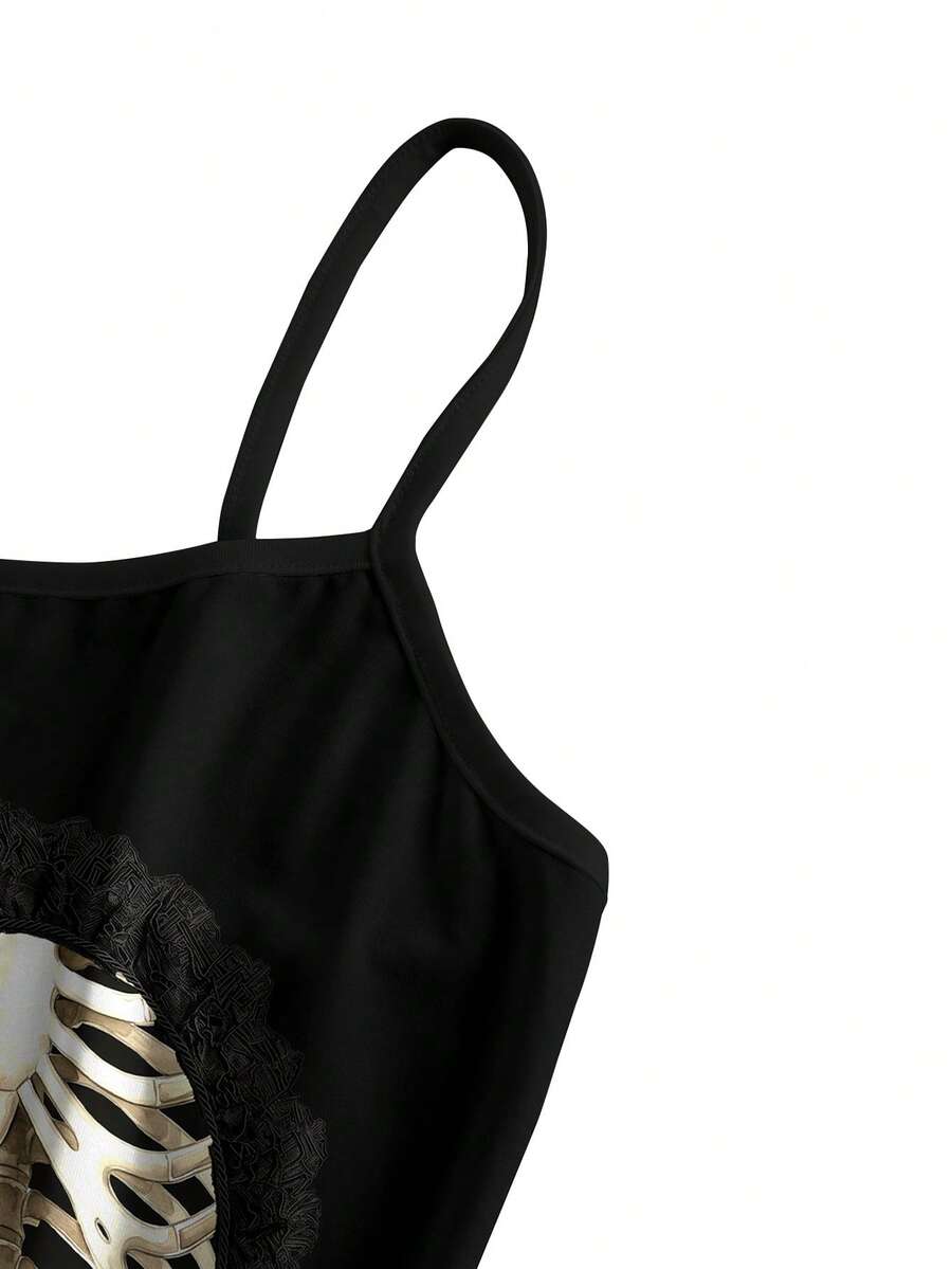 Beige graphic cami mini dress for women featuring a backless slim fit design, high waist flared hem, lettuce trim, spaghetti straps, and arm sleeves.