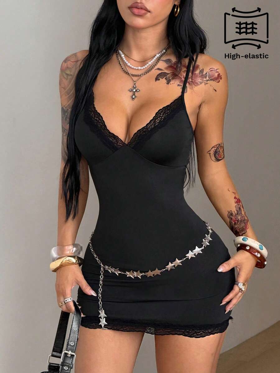 Women's black bustier mini dress featuring contrast lace trim, spaghetti straps, and a backless slim fit bodycon design.