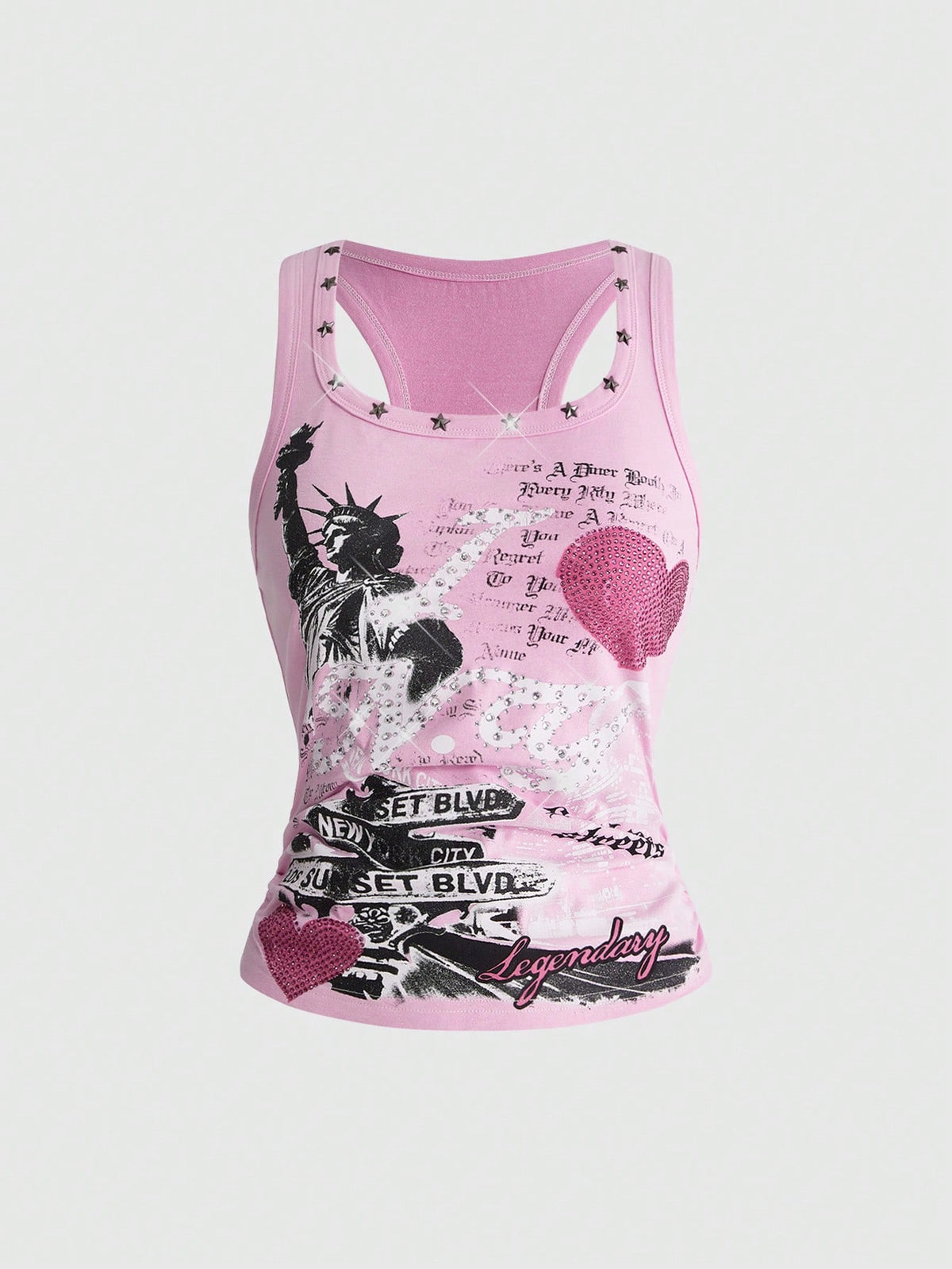 Women's white scoop neck tank top with a rhinestone slogan print in a slim fit stretch style.