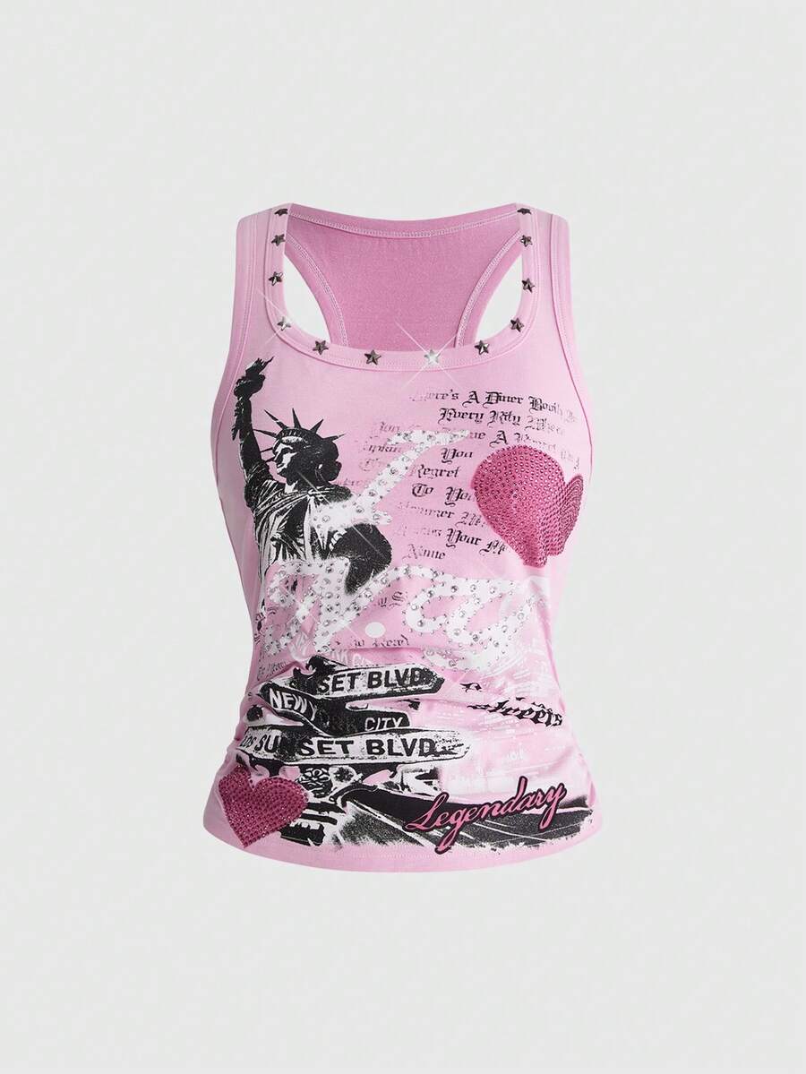 Women's white scoop neck tank top with a rhinestone slogan print in a slim fit stretch style.