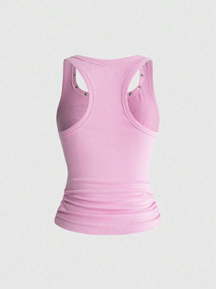 Women's white scoop neck tank top with a rhinestone slogan print in a slim fit stretch style.