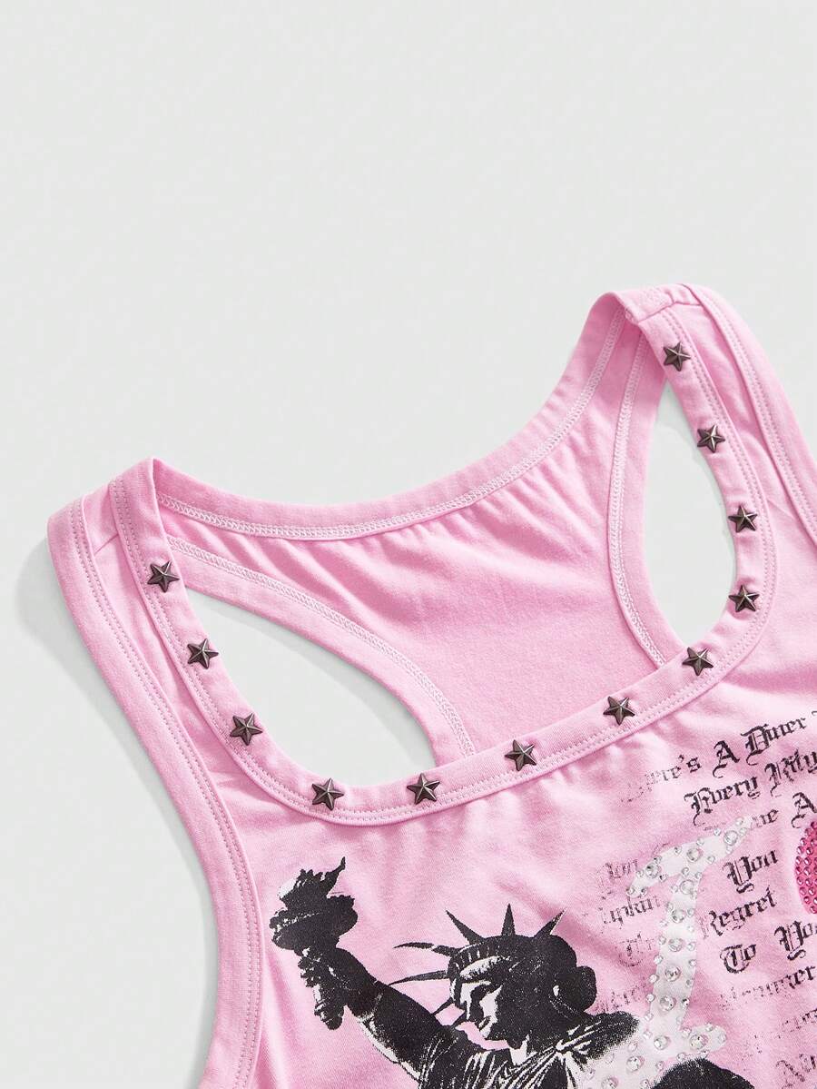 Women's white scoop neck tank top with a rhinestone slogan print in a slim fit stretch style.