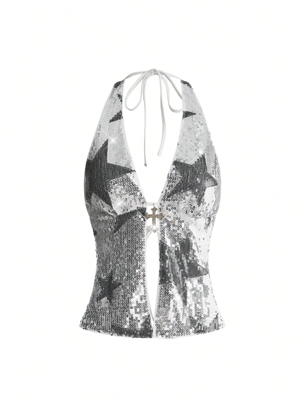 Women's sequin halter tank top featuring a backless slim fit design with knot and split details.