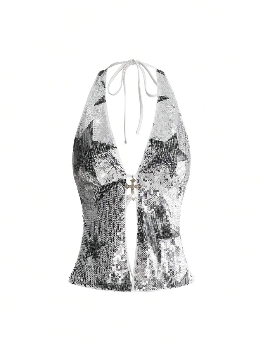 Women's sequin halter tank top featuring a backless slim fit design with knot and split details.