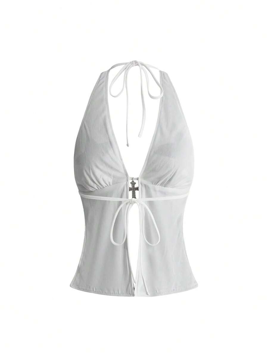 Women's sequin halter tank top featuring a backless slim fit design with knot and split details.