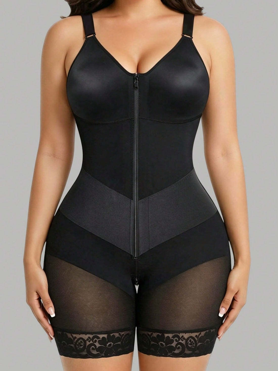 Black women's full body shaper bodysuit featuring front zipper, tummy control waist trainer, and backless design.