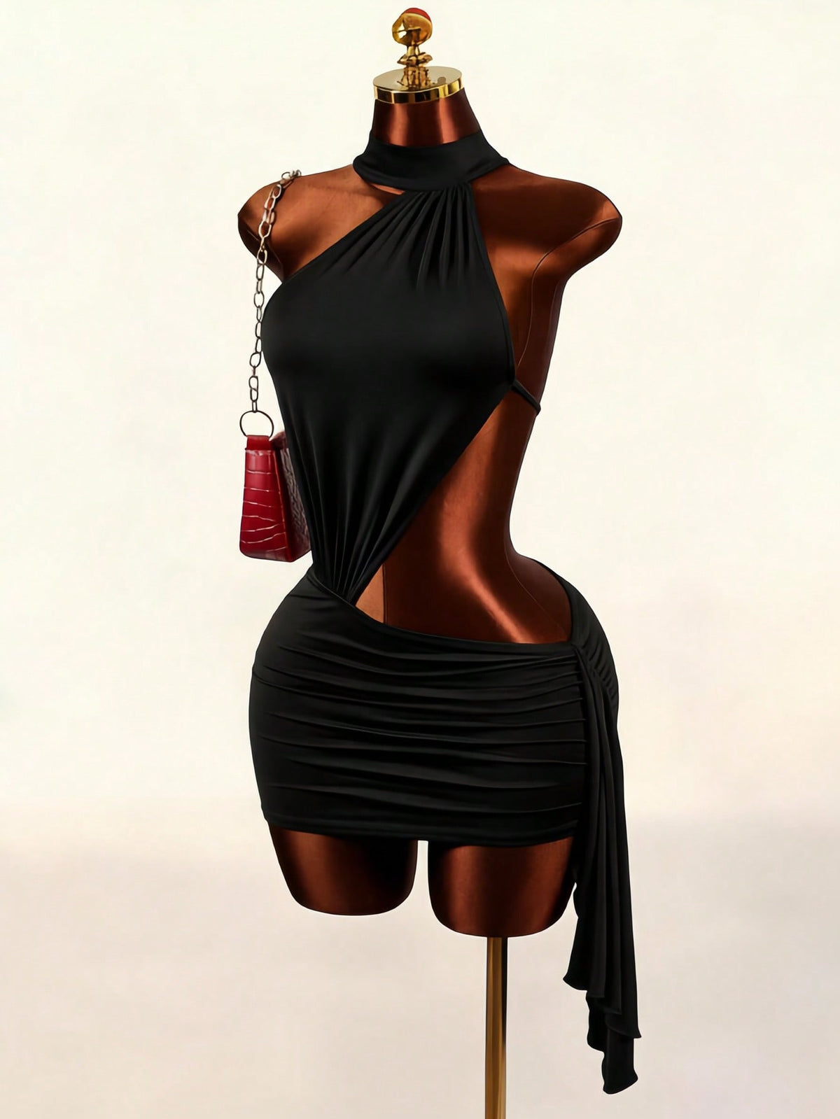 Women's black halter hollow out mini bodycon dress featuring backless asymmetrical knot details and a slim pencil fit.