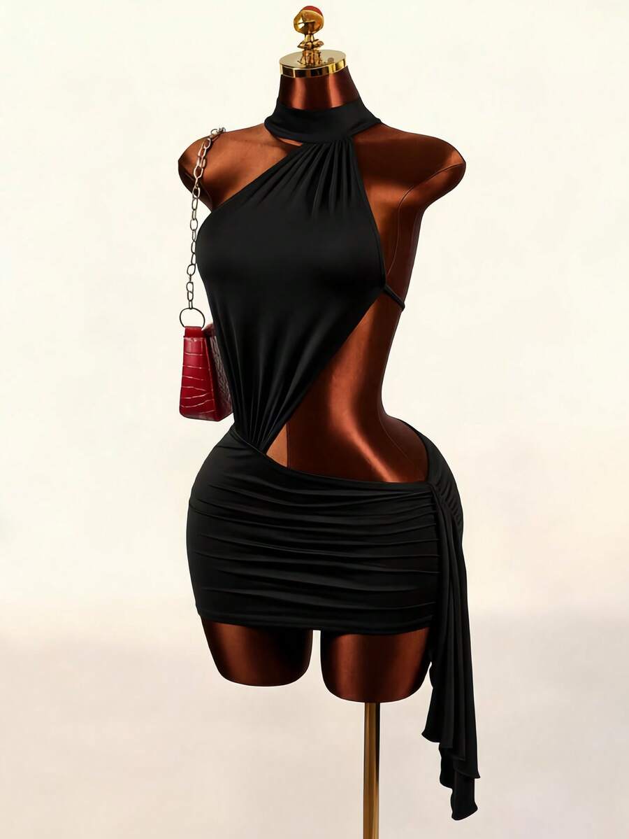 Women's black halter hollow out mini bodycon dress featuring backless asymmetrical knot details and a slim pencil fit.