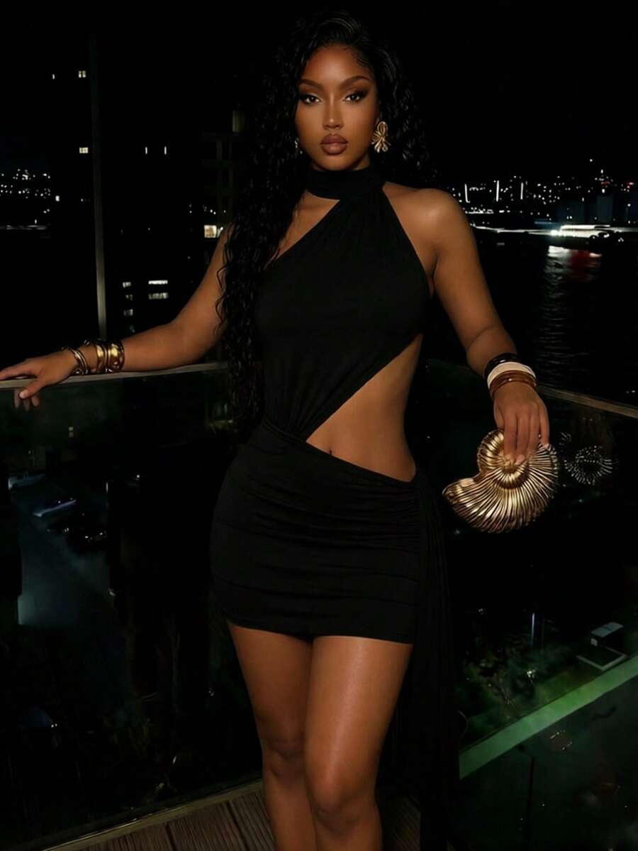 Women's black halter hollow out mini bodycon dress featuring backless asymmetrical knot details and a slim pencil fit.