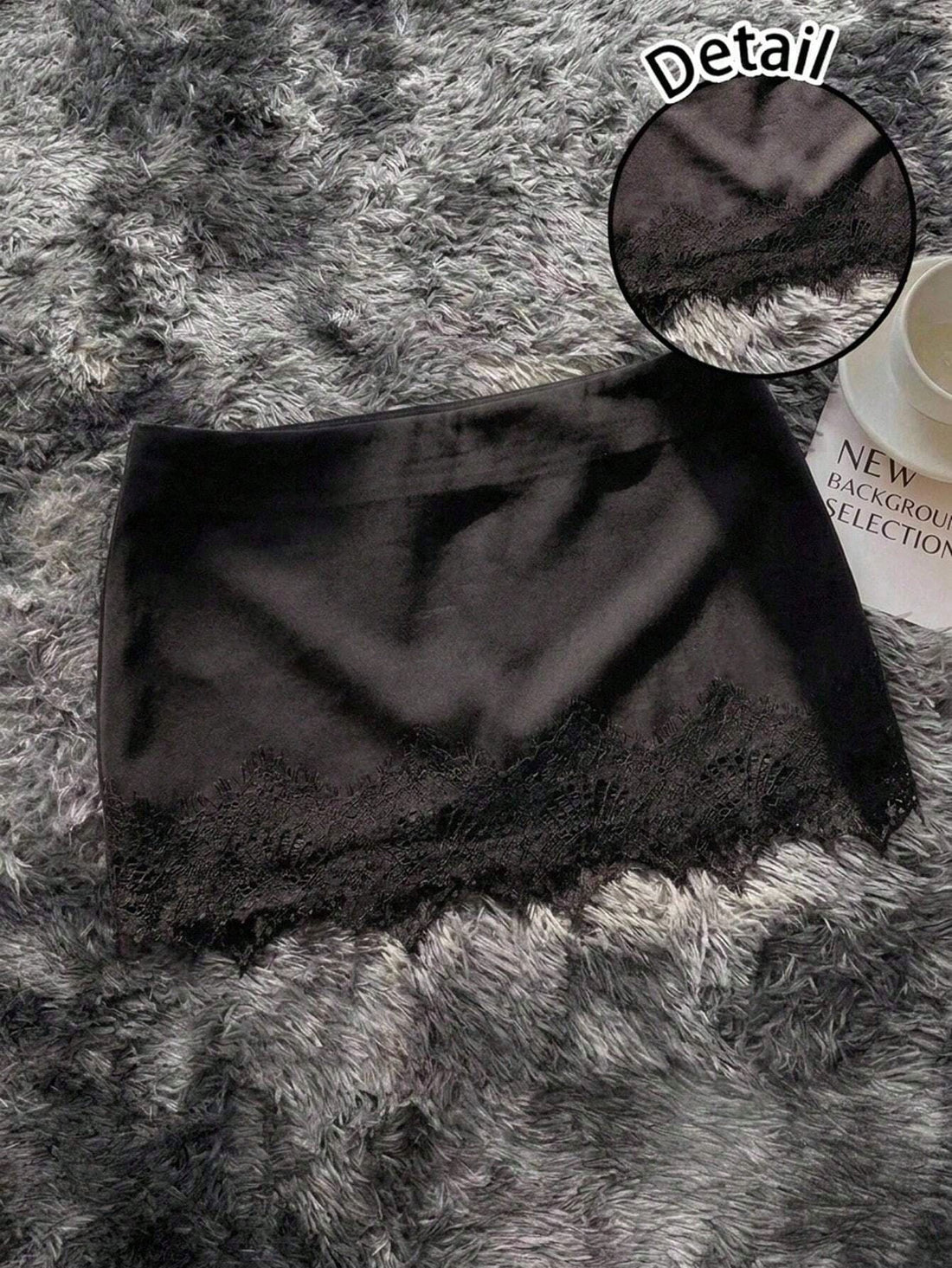 Women's low-waist black lace patchwork mini skirt with bodycon fit.