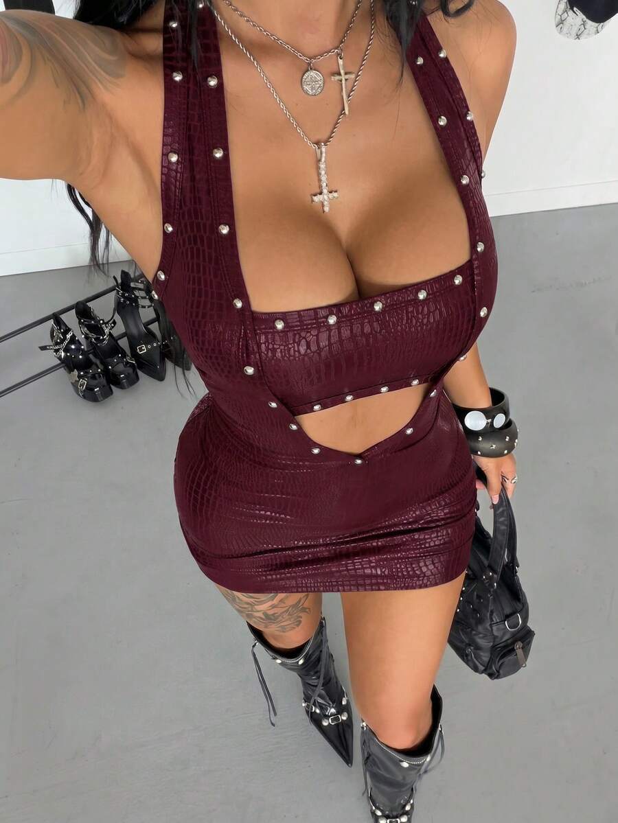 Women's black halter bodycon mini dress with studded rivet details in coated fabric