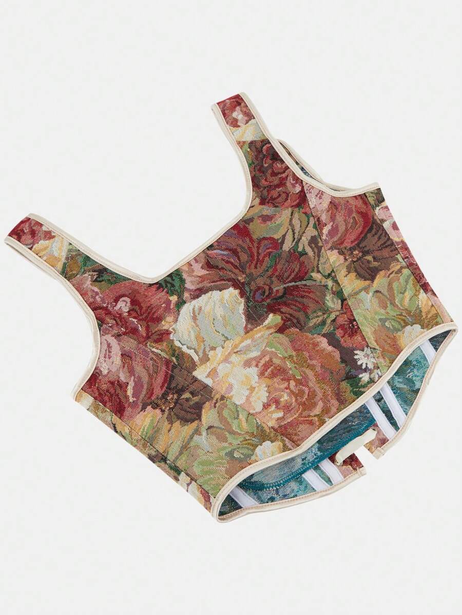 Women's retro floral print bustier top with shoulder straps, lace-up tie back, zipper, and boned construction in a romantic vintage style.