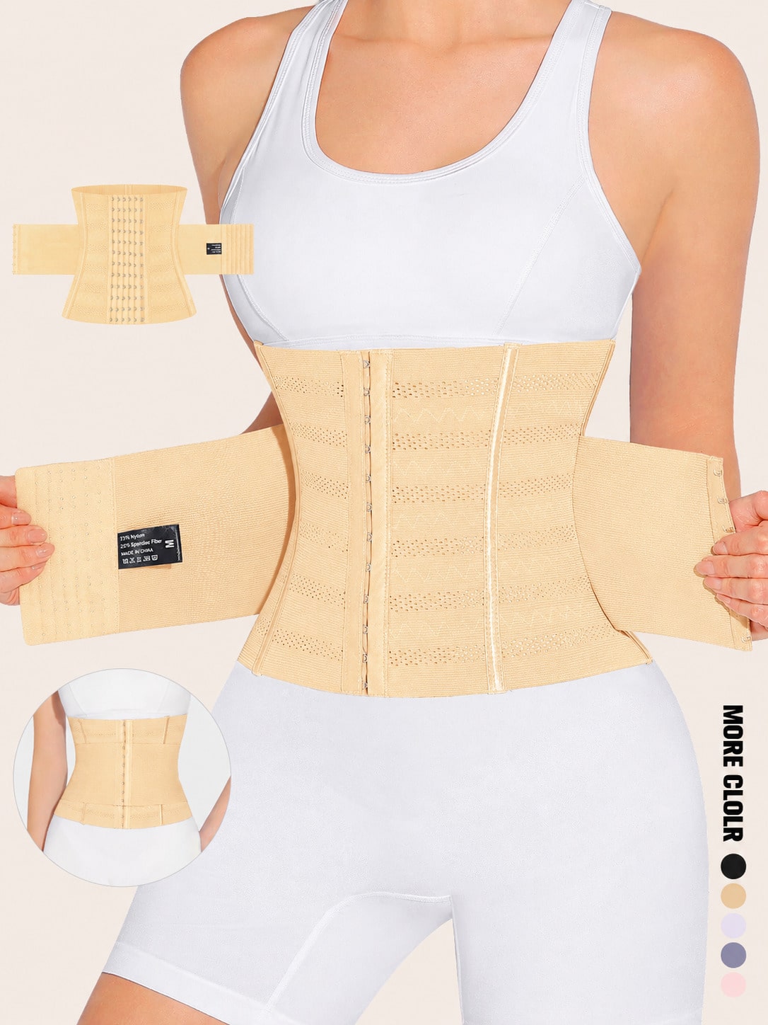 Black adjustable waist cincher shapewear for women made of high stretch knitted fabric for tummy and waist control.