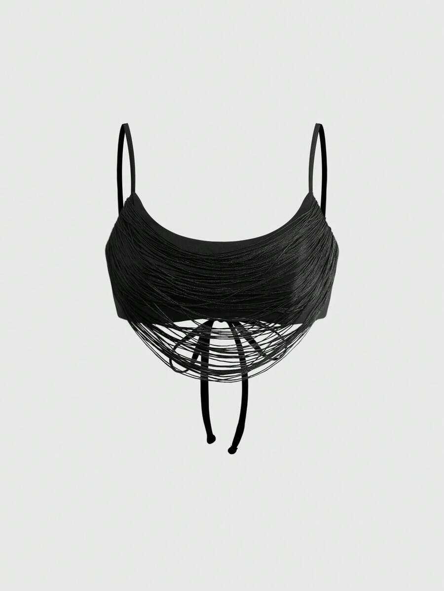 Black micro crop camisole bra featuring spaghetti straps, criss-cross ruched front detailing, and an asymmetrical hem.