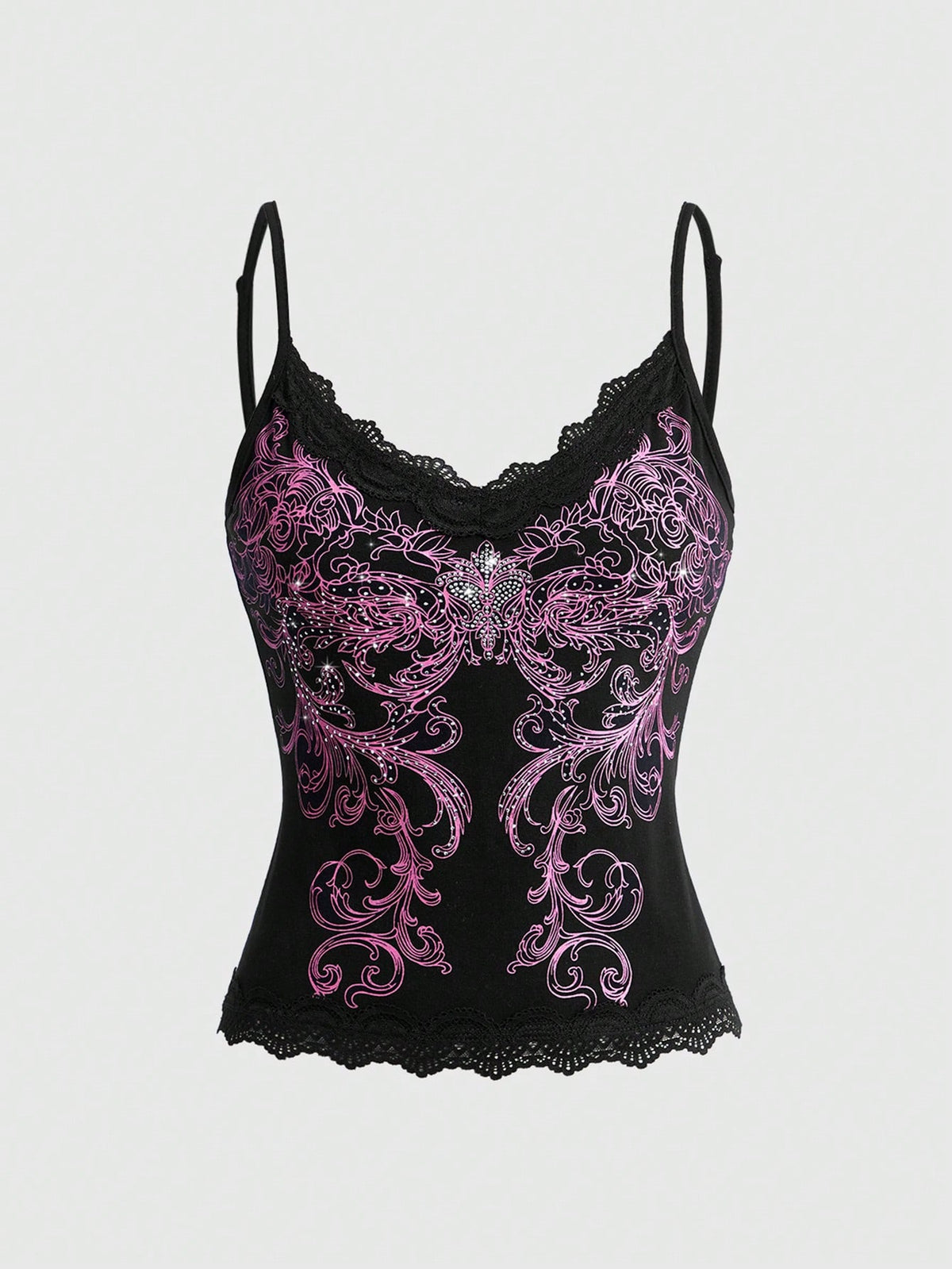 Pink floral print crop camisole top for women featuring contrast lace trim, spaghetti straps, and a slim fit.