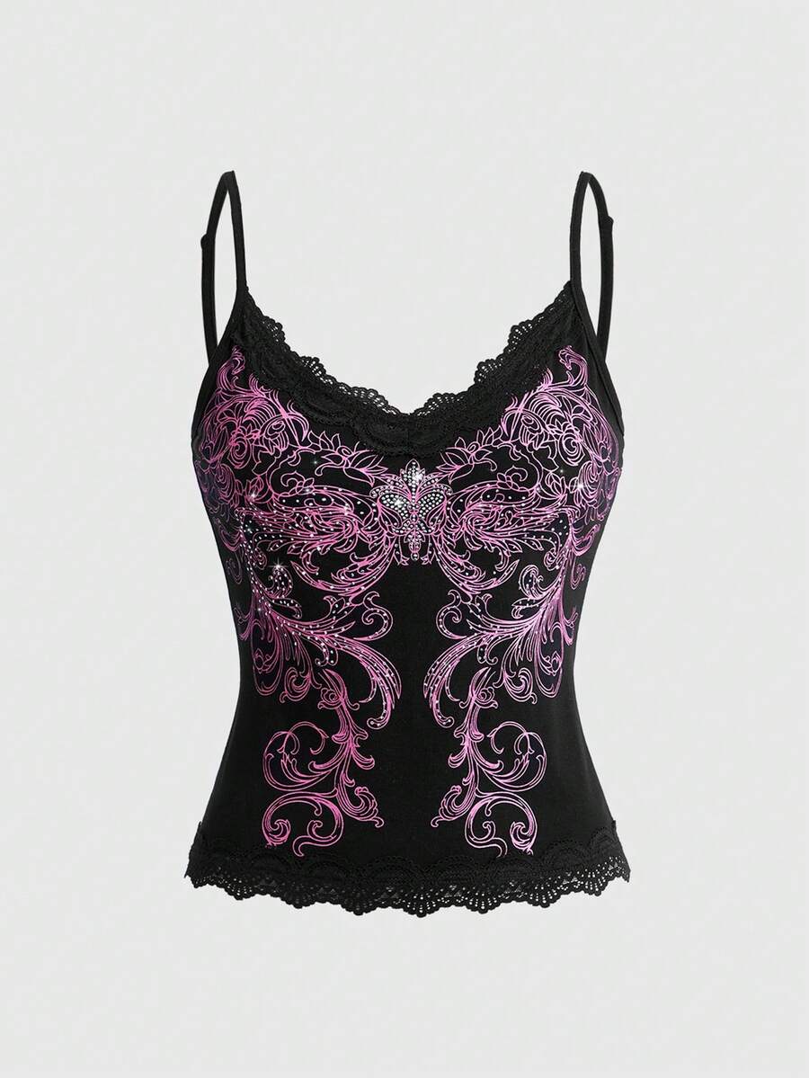 Pink floral print crop camisole top for women featuring contrast lace trim, spaghetti straps, and a slim fit.