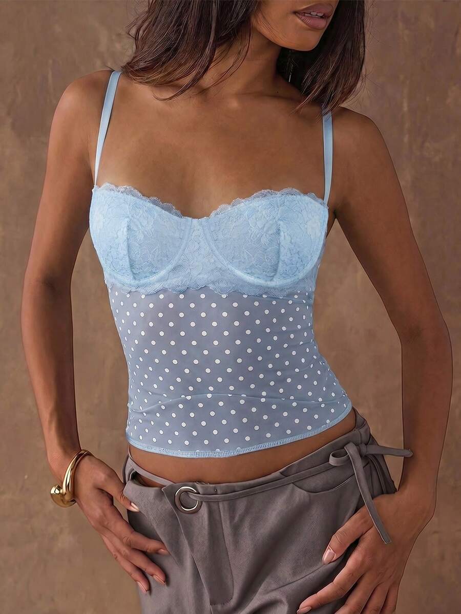 Women's black contrast lace camisole with spaghetti straps, cup detail, semi-sheer finish, and slim fit for going out or date night.