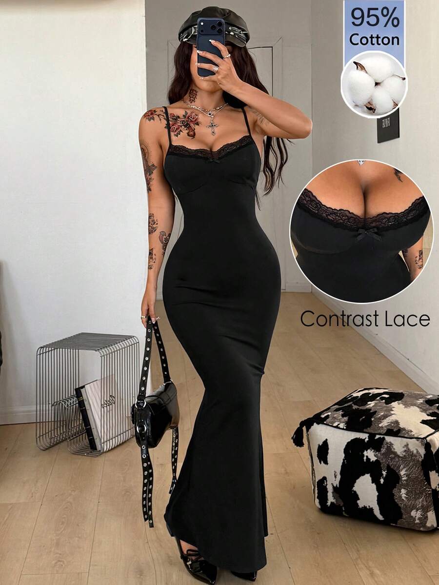 Black backless cami midi dress for women featuring spaghetti straps, slim fit mermaid silhouette, backless button detail, and high stretch knitted fabric.