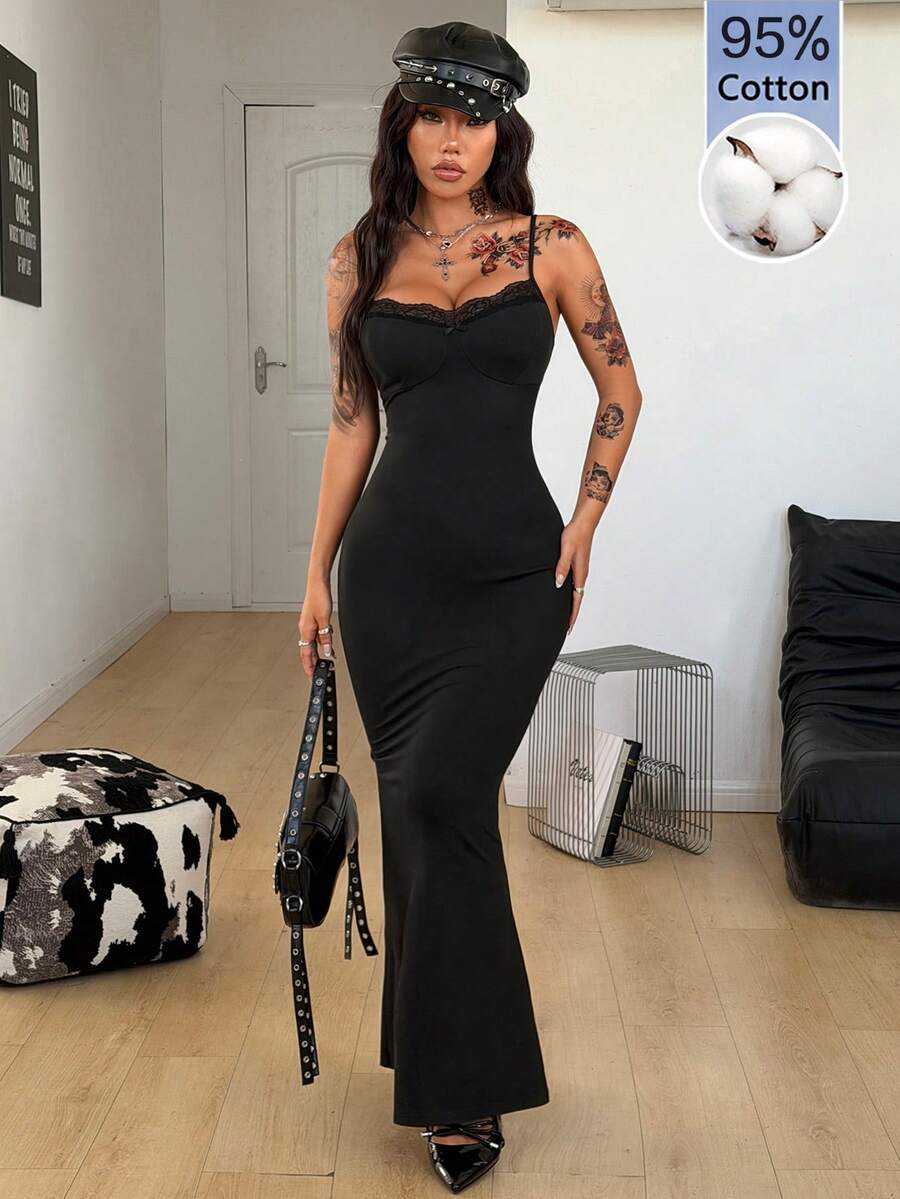 Black backless cami midi dress for women featuring spaghetti straps, slim fit mermaid silhouette, backless button detail, and high stretch knitted fabric.