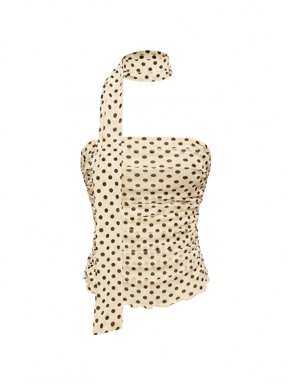 Women's black polka dot strapless tube top made of ruched mesh fabric featuring an asymmetrical hem and matching scarf.