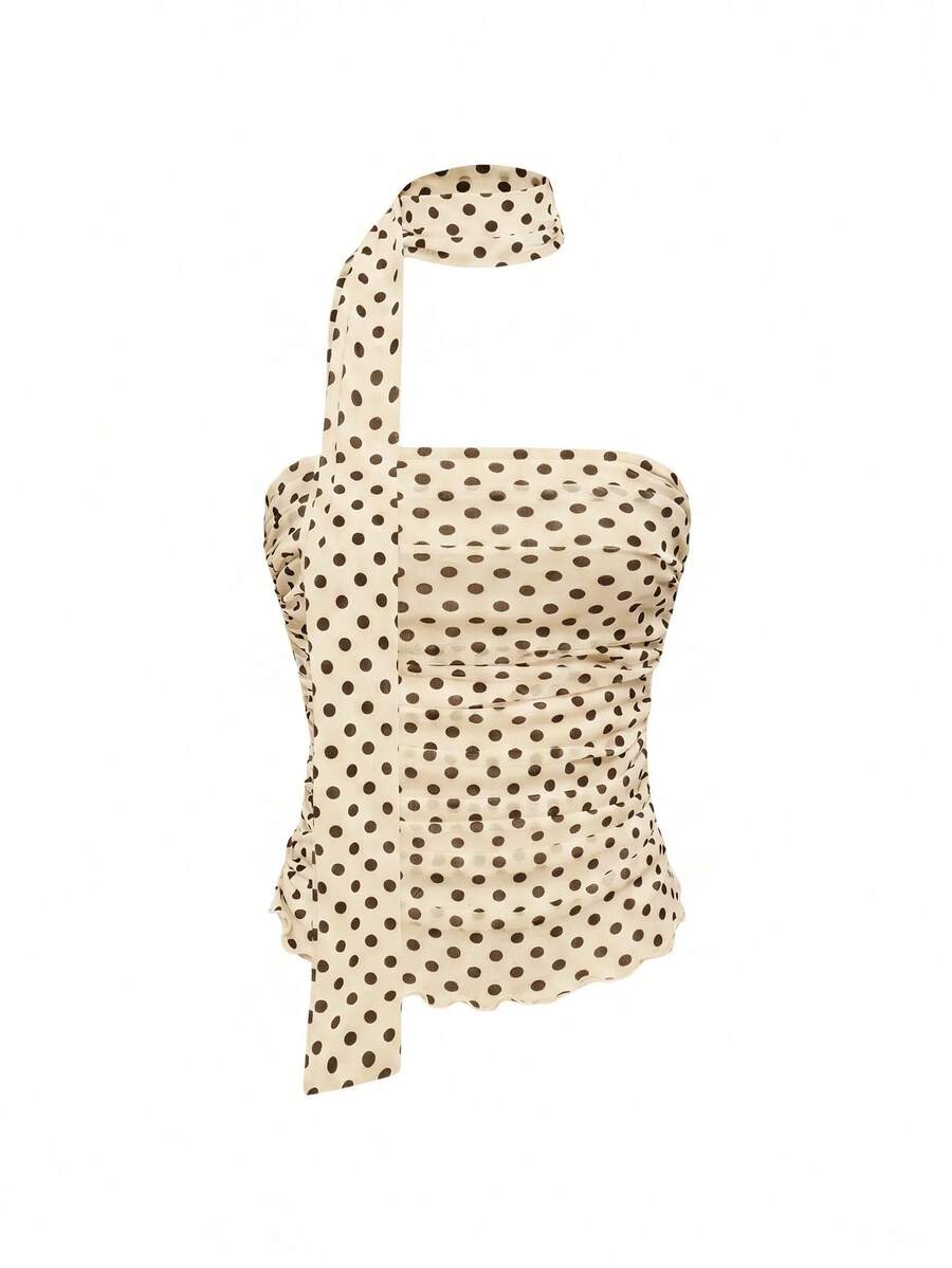 Women's black polka dot strapless tube top made of ruched mesh fabric featuring an asymmetrical hem and matching scarf.