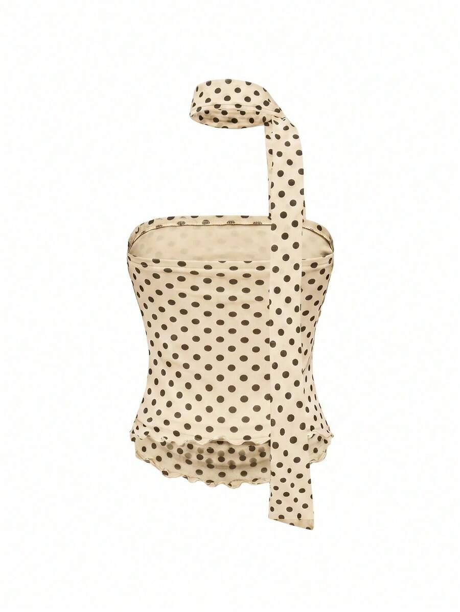 Women's black polka dot strapless tube top made of ruched mesh fabric featuring an asymmetrical hem and matching scarf.