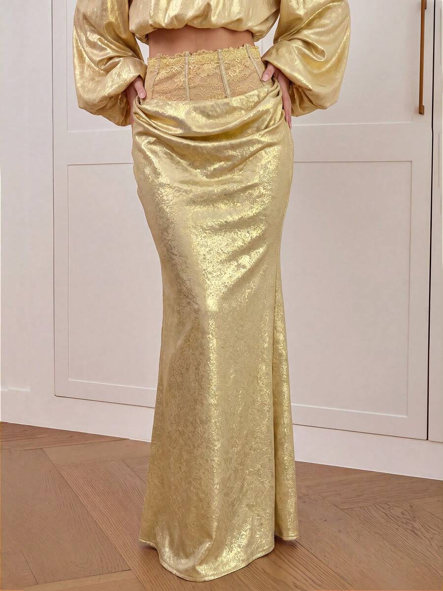 Women's high waist satin mermaid maxi skirt featuring contrast lace patchwork embroidery detail and side slit for formal and evening wear.