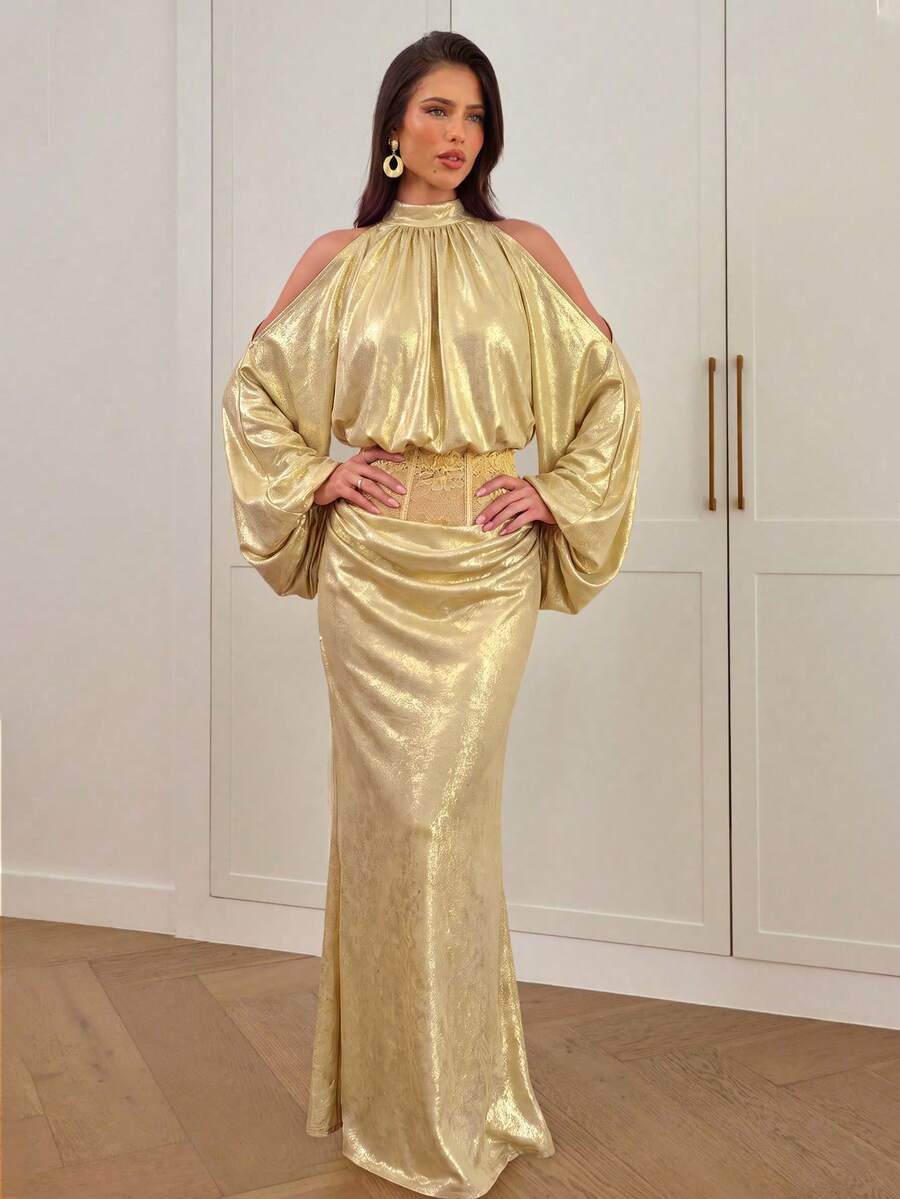Women's high waist satin mermaid maxi skirt featuring contrast lace patchwork embroidery detail and side slit for formal and evening wear.