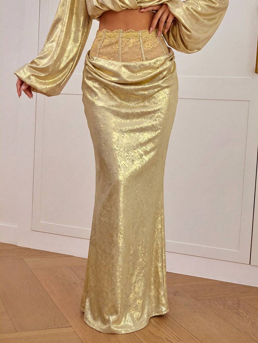 Women's high waist satin mermaid maxi skirt featuring contrast lace patchwork embroidery detail and side slit for formal and evening wear.