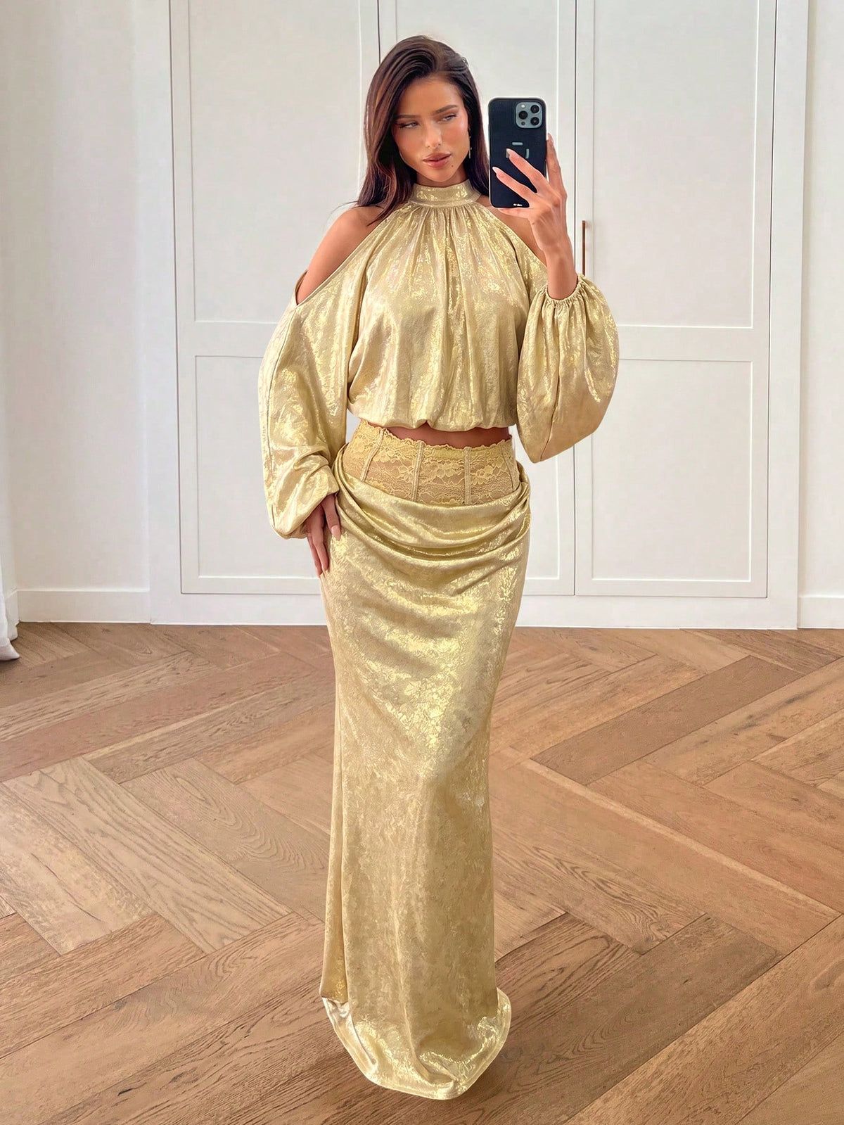 Women's high waist satin mermaid maxi skirt featuring contrast lace patchwork embroidery detail and side slit for formal and evening wear.