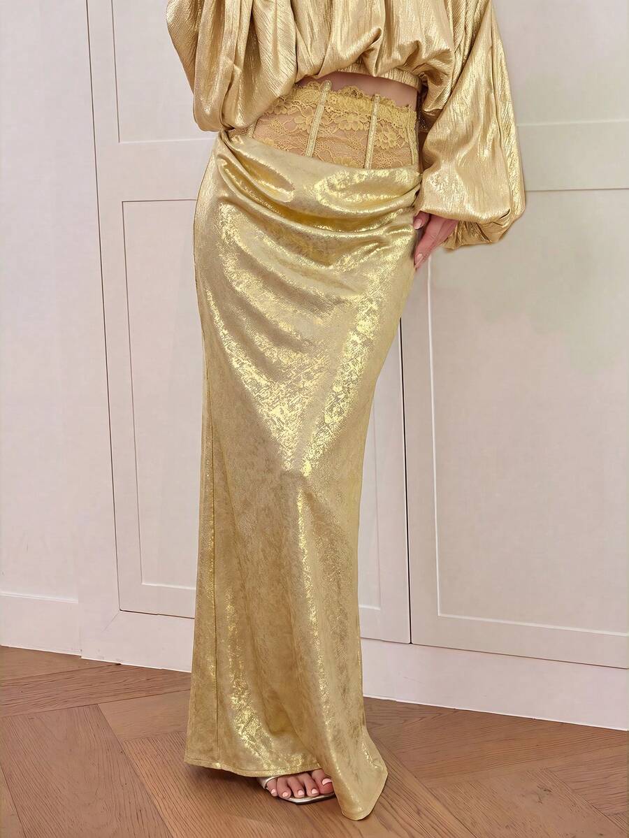 Women's high waist satin mermaid maxi skirt featuring contrast lace patchwork embroidery detail and side slit for formal and evening wear.