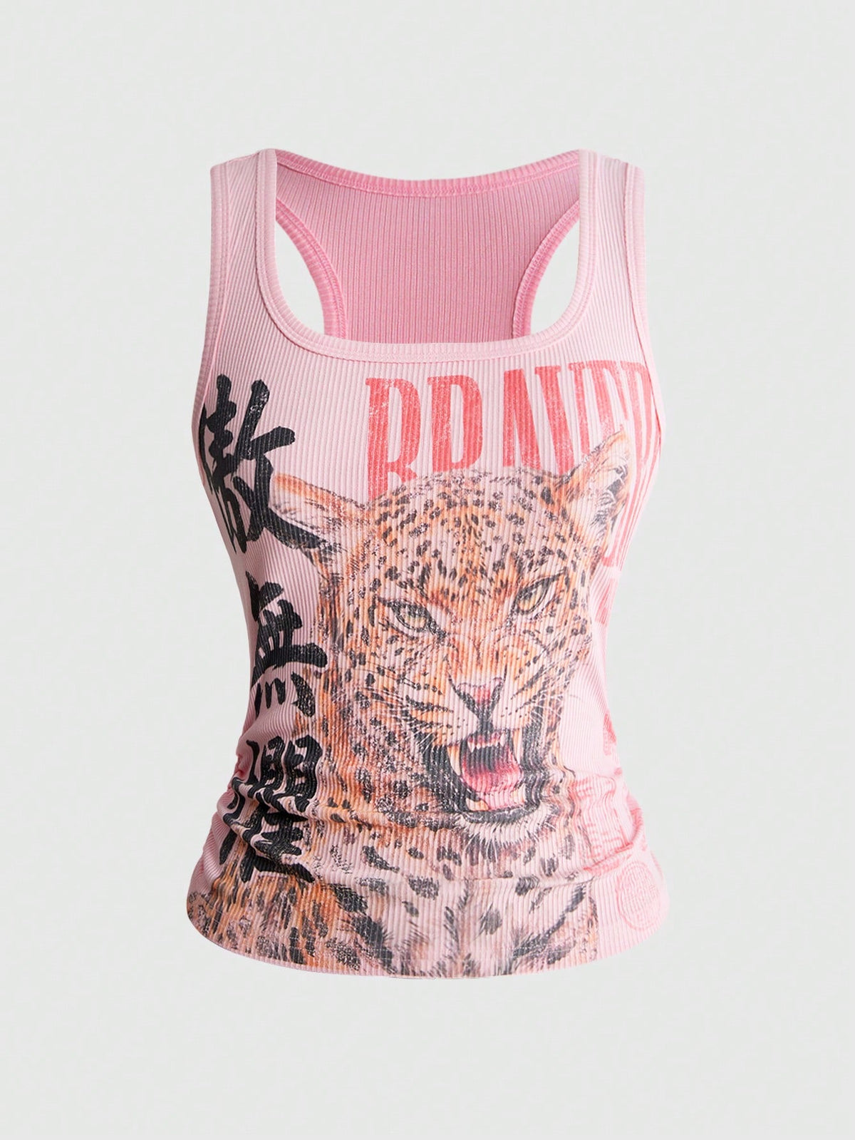 Black rib-knit scoop neck tank top featuring leopard print and graphic lettering for women.