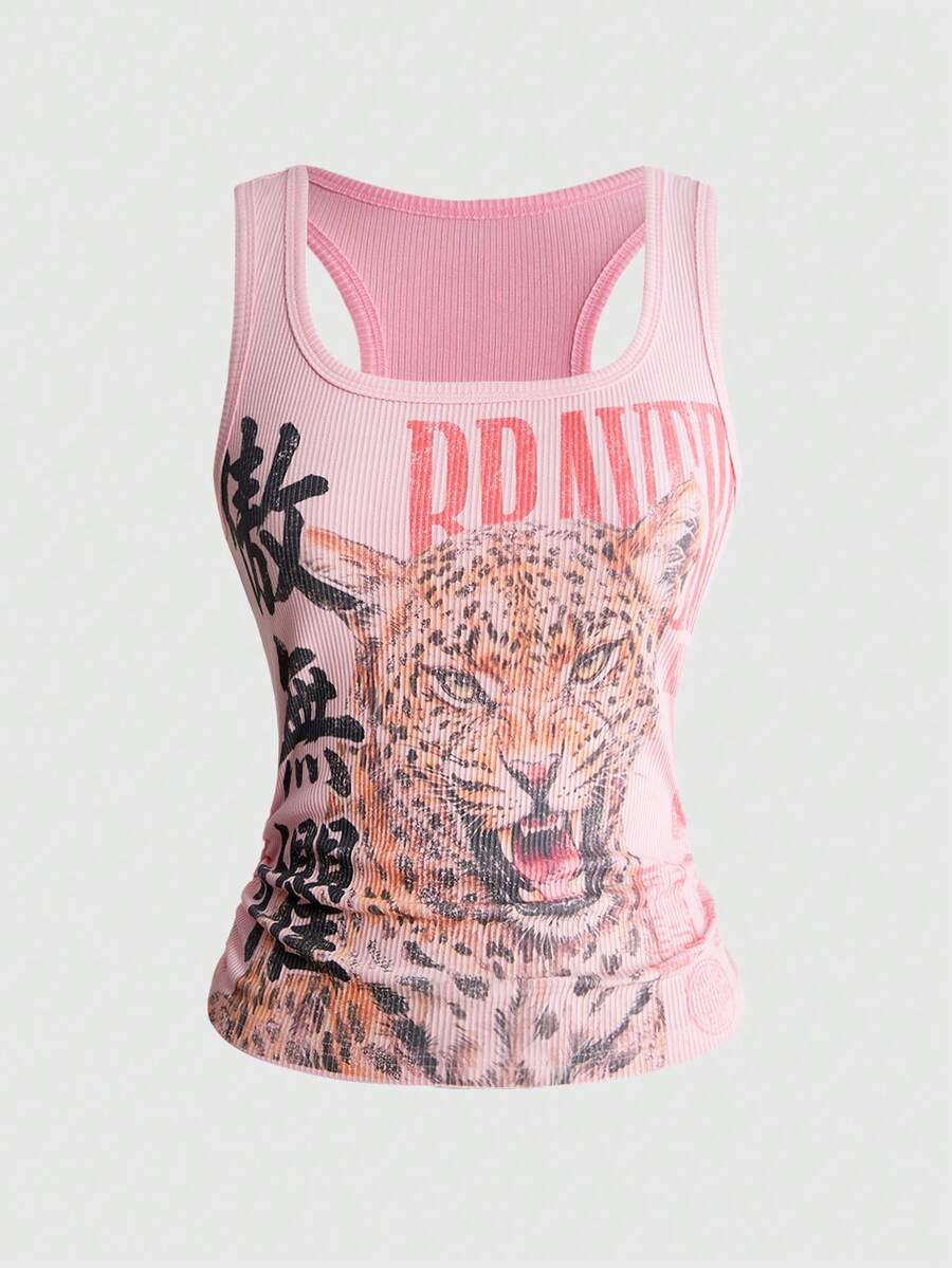 Black rib-knit scoop neck tank top featuring leopard print and graphic lettering for women.