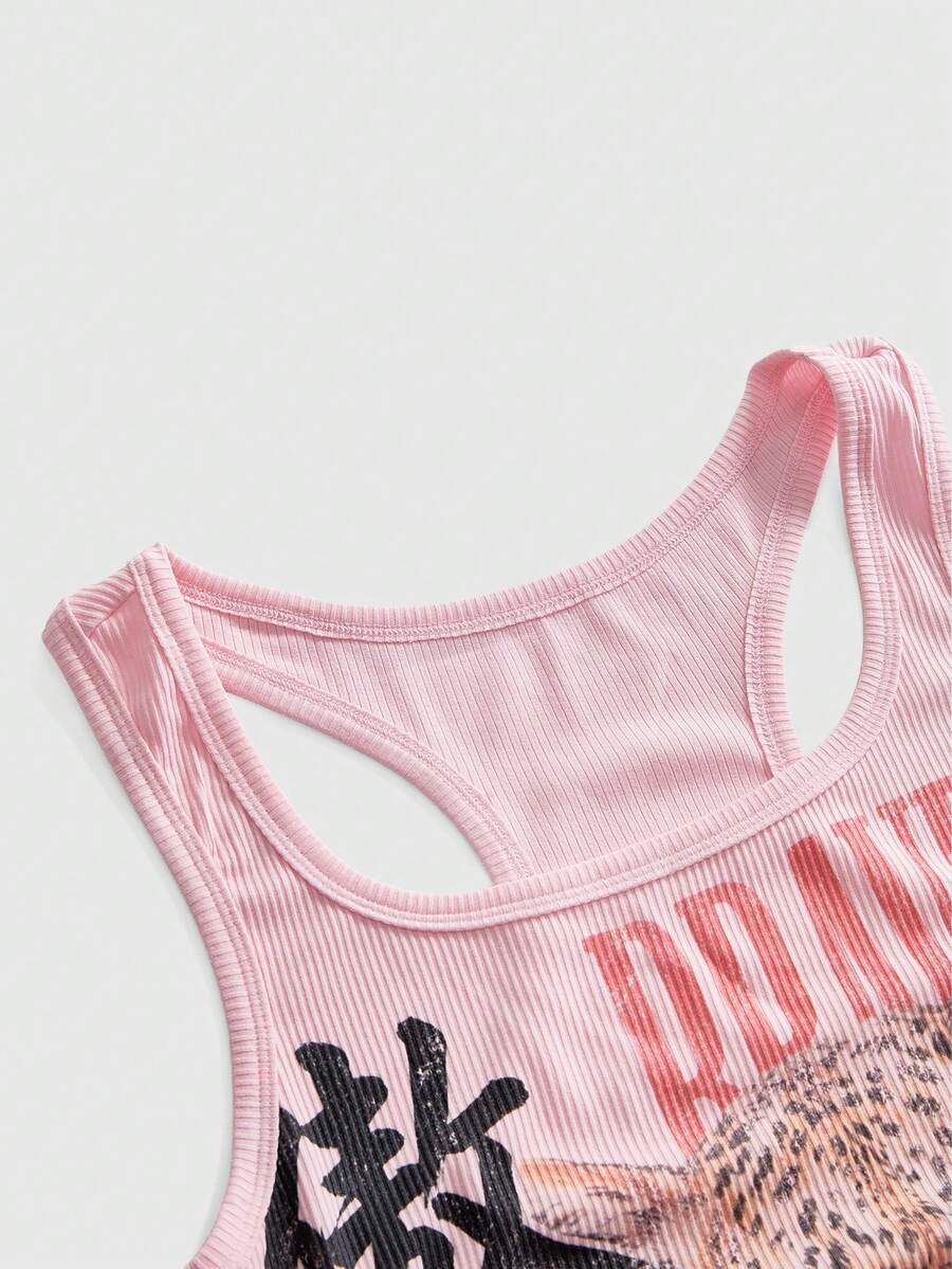 Black rib-knit scoop neck tank top featuring leopard print and graphic lettering for women.