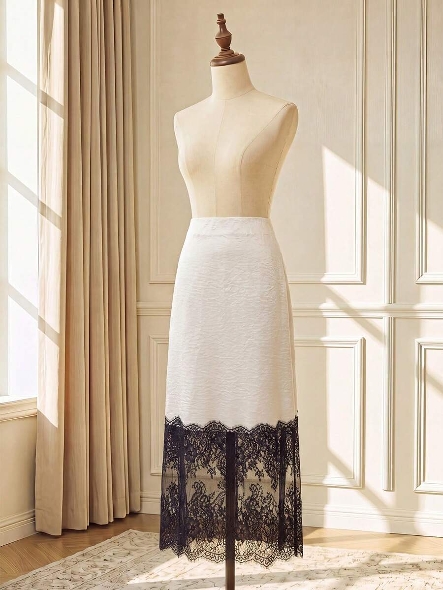 Women's high waist long satin skirt in multicolor featuring contrast lace patchwork detailing.