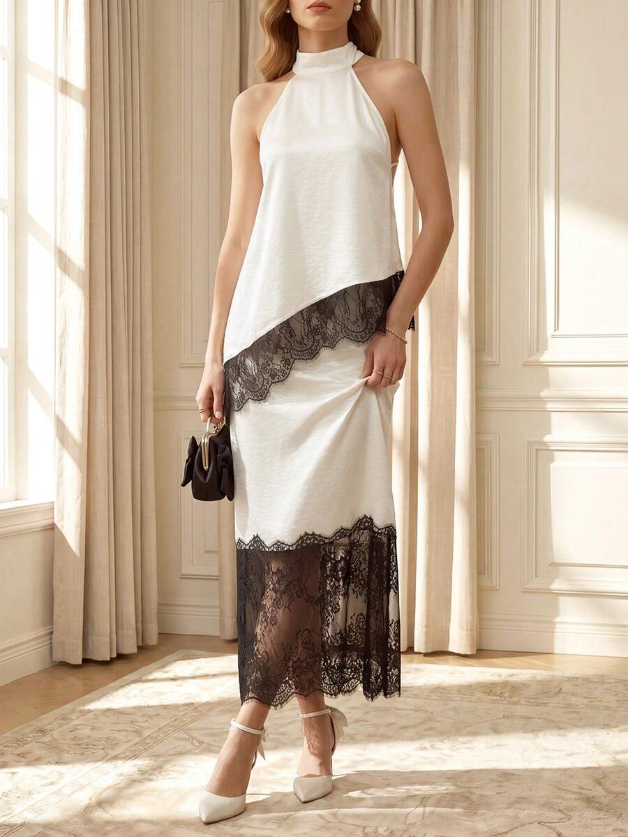 Women's high waist long satin skirt in multicolor featuring contrast lace patchwork detailing.