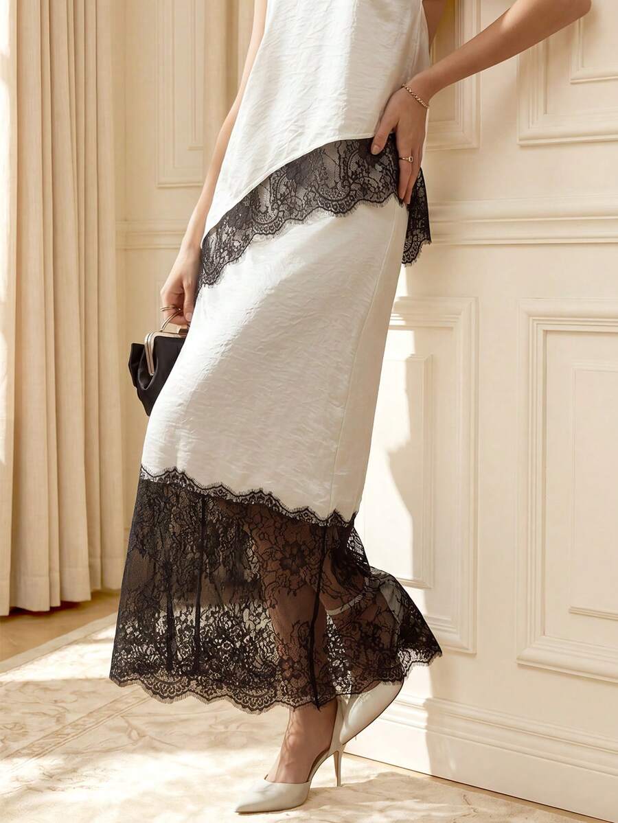 Women's high waist long satin skirt in multicolor featuring contrast lace patchwork detailing.