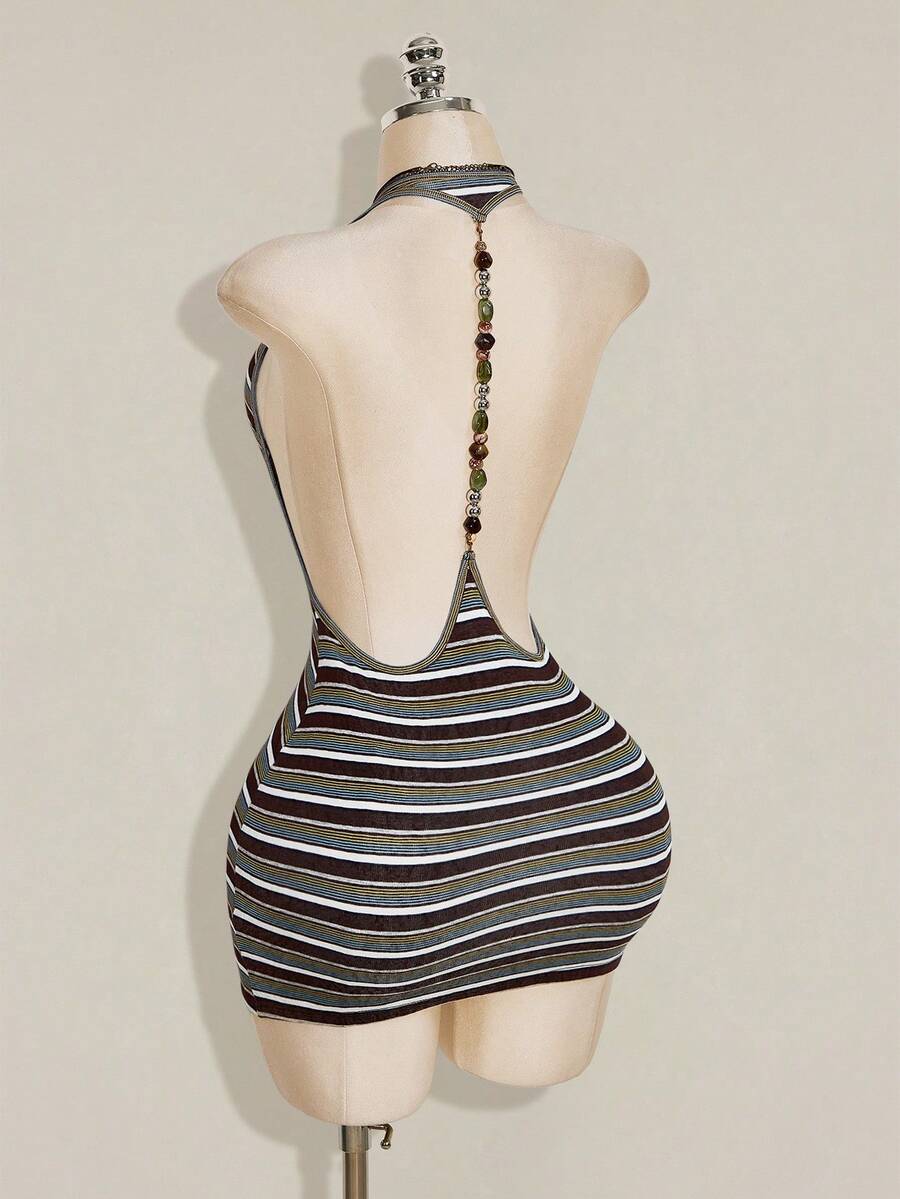 Apricot criss-cross backless bodycon mini dress for women featuring a round neck and rhinestone accent details.