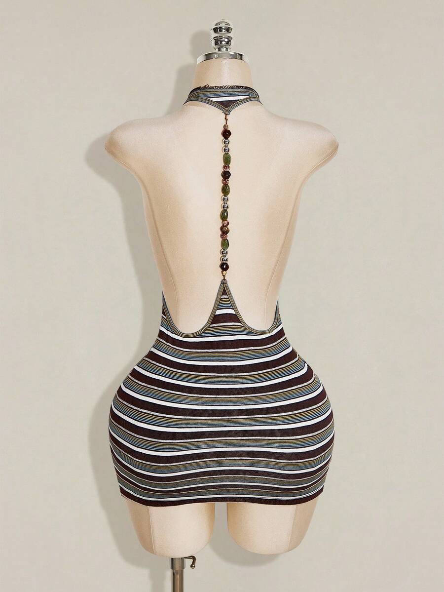 Apricot criss-cross backless bodycon mini dress for women featuring a round neck and rhinestone accent details.