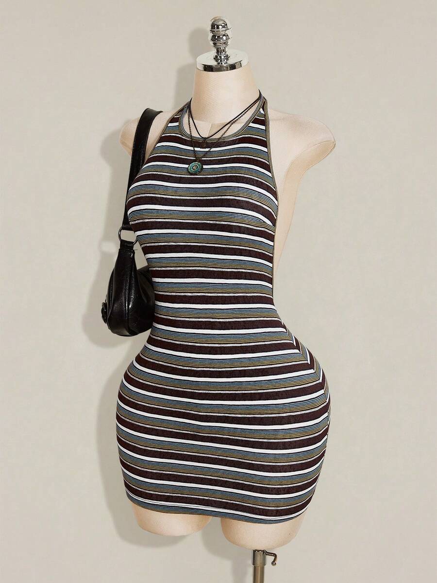 Apricot criss-cross backless bodycon mini dress for women featuring a round neck and rhinestone accent details.